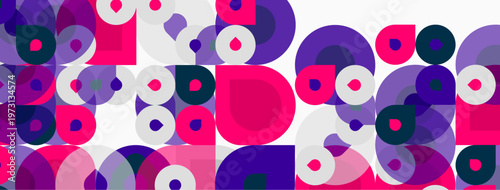 Abstract pattern. Overlapping circles, varying sizes, pinks, purples, whites create dynamic composition. Modern design element.
