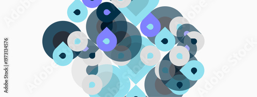 Abstract composition. Overlapping circles, varying sizes, shades of blue, gray, lavender. Minimalist design, clean aesthetic, modern artwork.