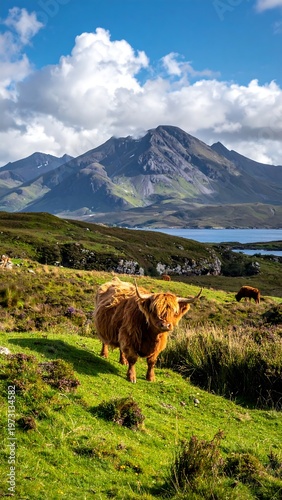 A scenic landscape shows a highland cow on a lush green hillside, set against a mountain, a lake, and a vibrant, cloudy sky