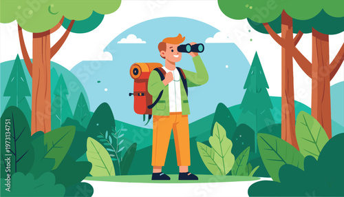 vector cartoon Adventurous Hiker Exploring Forest with Binoculars