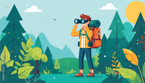 vector Adventurous Hiker with Binoculars Exploring a Lush Forest Landscape