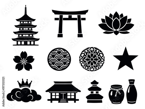 Simple Japanese symbols set featuring a pagoda, torii gate, lotus flower, and traditional cultural elements for design projects