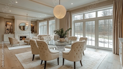Elegant dining room with large windows and hardwood floors.