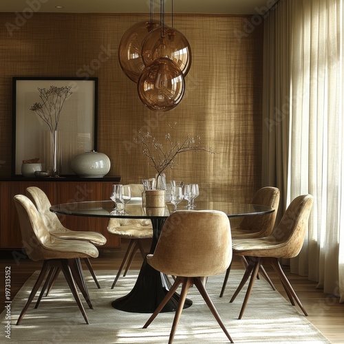 Elegant dining room with glass table and amber pendant lights.