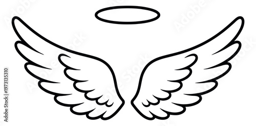 Line art illustration of angel wings and halo depicting divine spirituality for religious themes