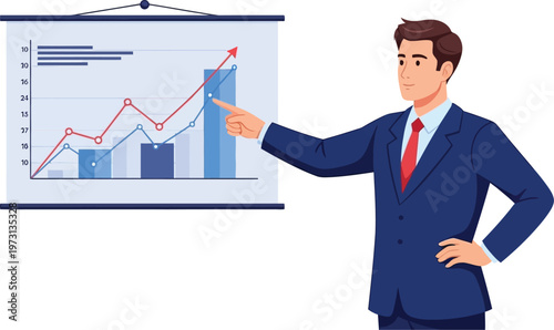 Businessman presents upward trending data on a projection screen.
