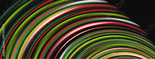 Abstract lines create circular pattern. Colors include red, green, silver, black. Modern design, dynamic composition.