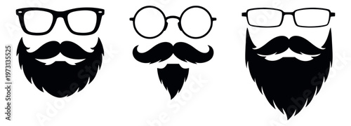 Stylized facial hair and glasses set featuring three distinct beard and eyeglasses combinations for men's style and grooming