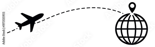 Simple graphic illustration of an airplane travel route depicting a flight path to a global destination for travel and logistics communication