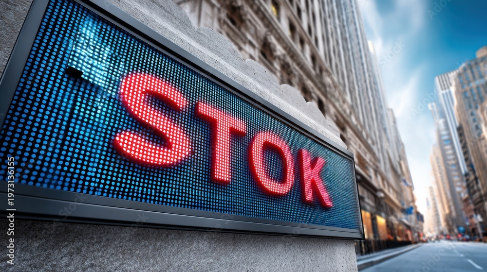 Obraz premium Digital Stock Ticker Display Screen with Red Text in Urban Cityscape Background