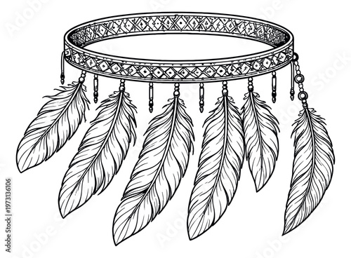 Hand drawn line art illustration of a tribal style headband depicting decorative feathers for bohemian fashion and design