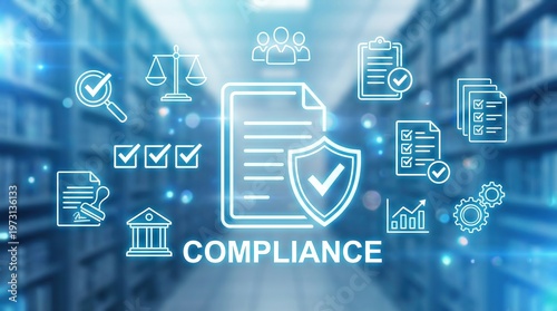 compliance, policy, regulation, management, legal, audit, security concept with digital icons over a blurred office background representing corporate governance and law standards.
