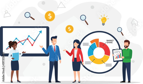 Business team collaborates on growth strategies using data and analytics.