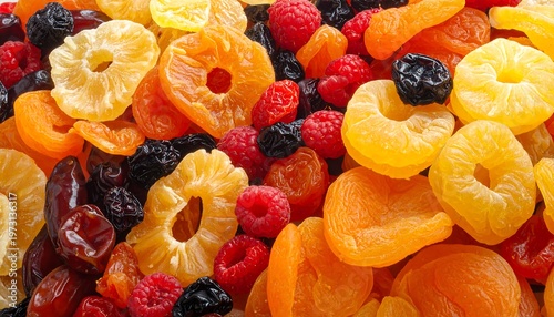 A vibrant close-up showcasing an assortment of dried fruits and fresh raspberries arranged in a colorful and appetizing presentation