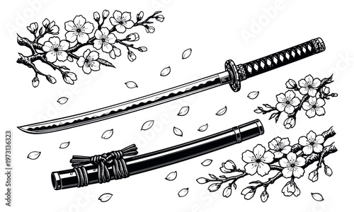 Hand drawn line art traditional japanese set featuring a katana sword, its scabbard, and sakura cherry blossoms for cultural and martial arts designs