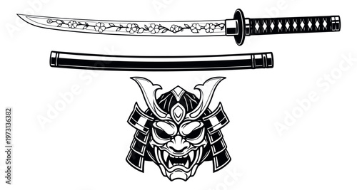 Hand drawn line art Japanese warrior elements set featuring a samurai mask, a katana sword, and its scabbard for traditional Japanese designs