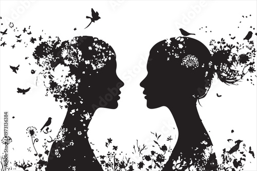 black vector silhouette of two women facing each other, surrounded by birds flying in the sky, flowers, simple shapes, and simple lines, in a logo style. clipart vector illustration.