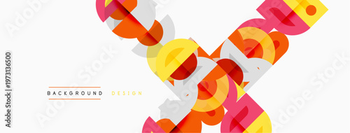 Abstract geometric shapes overlap, creating dynamic composition. Warm colors dominate, with text indicating background design element.