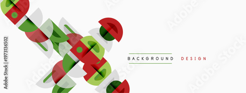 Abstract geometric shapes overlap, creating dynamic visual effect. Green, red, gray tones dominate composition. Minimalist design.