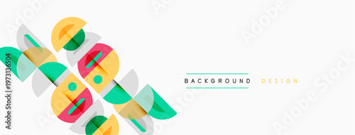 Abstract geometric shapes overlap, creating dynamic visual texture. Light colors dominate design, offering clean aesthetic.