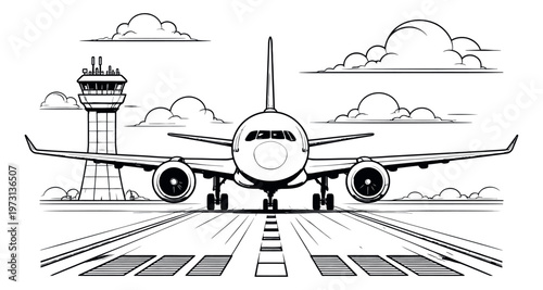 Hand drawn line art illustration of a passenger airplane depicting takeoff at an airport for global travel