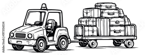 Hand drawn line art illustration of an airport baggage tractor and luggage cart depicting suitcases for travel logistics