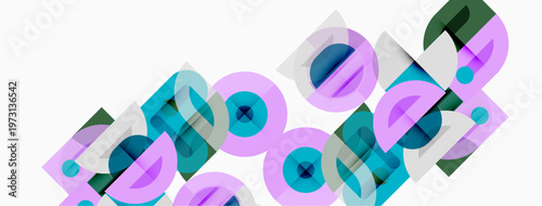 Abstract geometric shapes overlap, creating layered visual effect. Purple, teal hues dominate composition. Minimalist design.