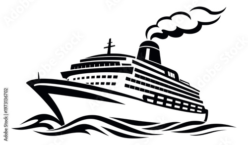 Stylized illustration of a cruise ship depicting it sailing with smoke from its funnel for tourism and ocean travel
