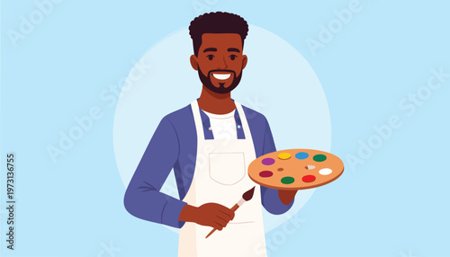 vector cartoon Artist Man Holding Palette and Brush Ready to Paint