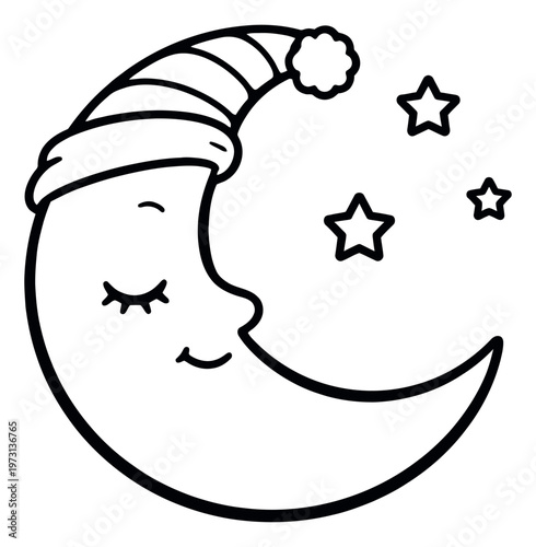 Hand drawn line art illustration of a crescent moon depicting sleeping peacefully while wearing a nightcap and surrounded by stars for children's bedroom decor or good night concepts