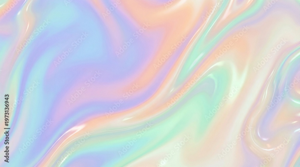 Obraz premium Abstract iridescent holographic liquid background with fluid pastel gradients and glossy pearlescent waves.