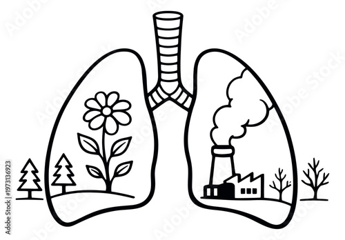 Hand drawn line art illustration of lungs depicting clean air versus pollution for environmental health