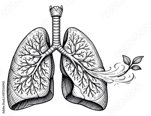 Hand drawn line art illustration of human lungs depicting a leafy branch for respiratory health