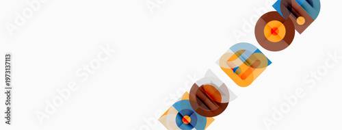 Abstract geometric shapes, circles, squares, lines form colorful design. Minimalist composition, modern aesthetic, vibrant hues present.