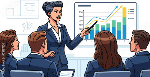 Businesswoman presents financial growth chart to attentive team in meeting.