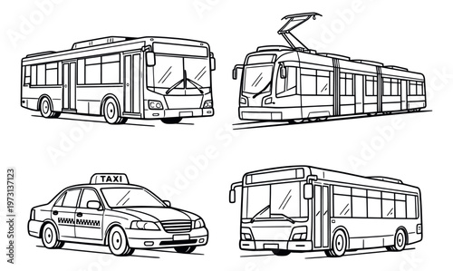 Hand drawn line art public transport vehicles set featuring buses, a tram, and a taxi for urban travel and city services