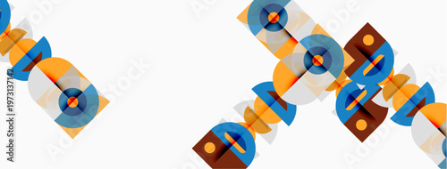 Abstract geometric shapes, circles, squares, rectangles overlap. Orange, blue, gray colors dominate composition. Minimalist design.