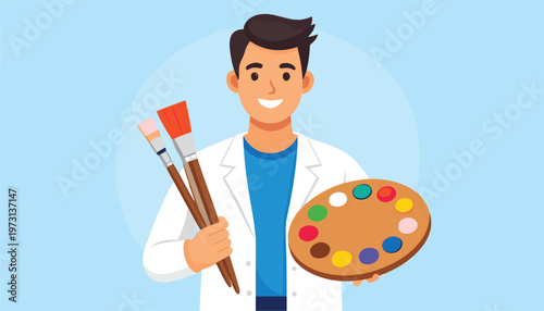 A smiling man in an apron holds a wooden paint palette with colorful paints and two brushes, ready to paint.