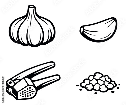 Hand drawn line art garlic preparation set featuring a bulb, a clove, a press, and minced garlic for cooking