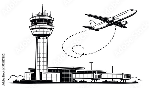 Line art illustration of an airport scene depicting a control tower, terminal, and airplane taking off for air travel