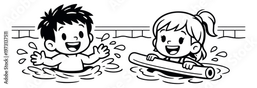 Hand drawn line art illustration of two kids depicting swimming and playing in a pool for summer fun