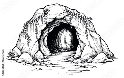 Hand drawn line art illustration of a mysterious cave entrance depicting a torch lighting a dark path for adventure