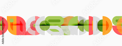 Colorful overlapping semicircles form abstract text. Bright hues create playful visual effect. Simple design, modern aesthetic.