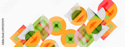 Abstract geometric shapes overlap, creating colorful patterns. Soft gradients suggest depth, simple design.