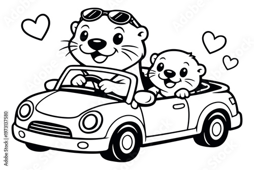 Cute hand drawn line art illustration of two otters in a convertible car depicting a fun family road trip for travel and family themes