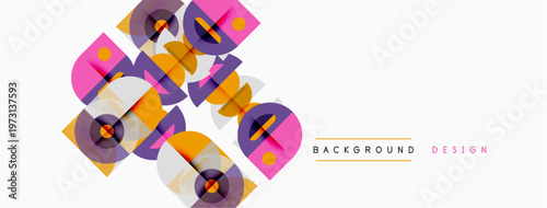 Abstract geometric shapes overlap, creating dynamic visual texture. Colors include pink, purple, green, gray. Modern design element.