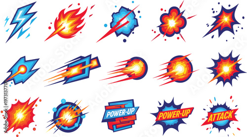 Set of Comic Game Explosion and Power Effects with Lightning Bolts, Fire Blasts, Energy Bursts, and Attack Elements in Dynamic Style