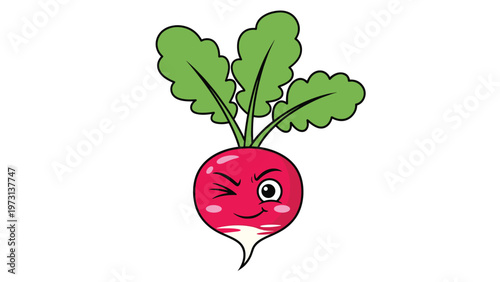 Fun cartoon character illustration of a red radish with a winking face and green leaves over a white background.