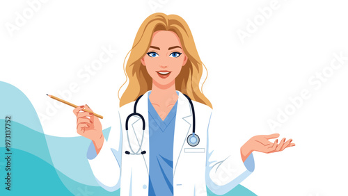 Professional female doctor in a white coat and stethoscope holding a pencil and gesturing while giving an explanation.