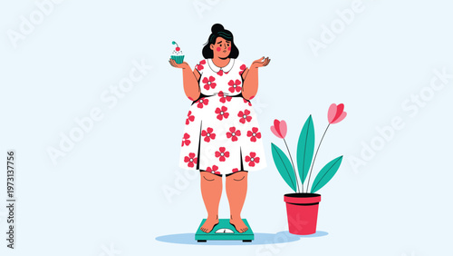 Woman standing on a weight scale and feeling conflicted while holding a delicious cupcake and a healthy pill.